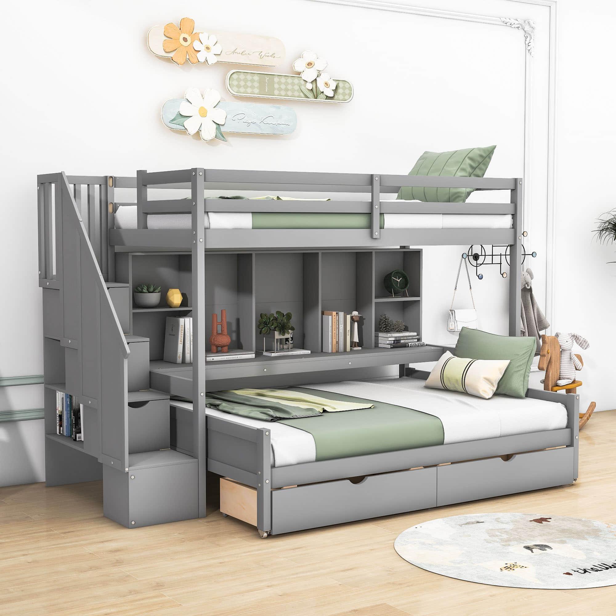 Twin XL Over Full Bunk Beds with Stairs and Storage Shelves, Drawers - [Detachable]