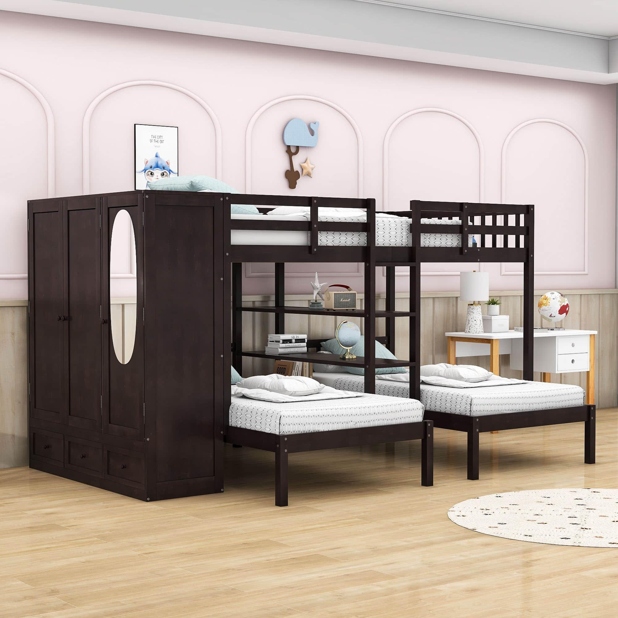 Low Full Over Twin&Twin Triple Bunk Bed with Storage for Kids - [Wardrobe]