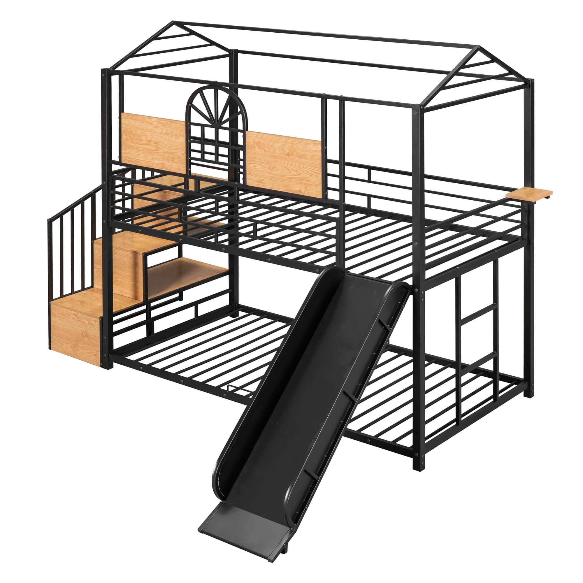 Kids Low Twin Over Twin House Metal Bunk Beds with Stairs and Slide