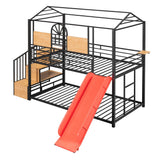 Kids Low Twin Over Twin House Metal Bunk Beds with Stairs and Slide