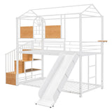 Kids Low Twin Over Twin House Metal Bunk Beds with Stairs and Slide