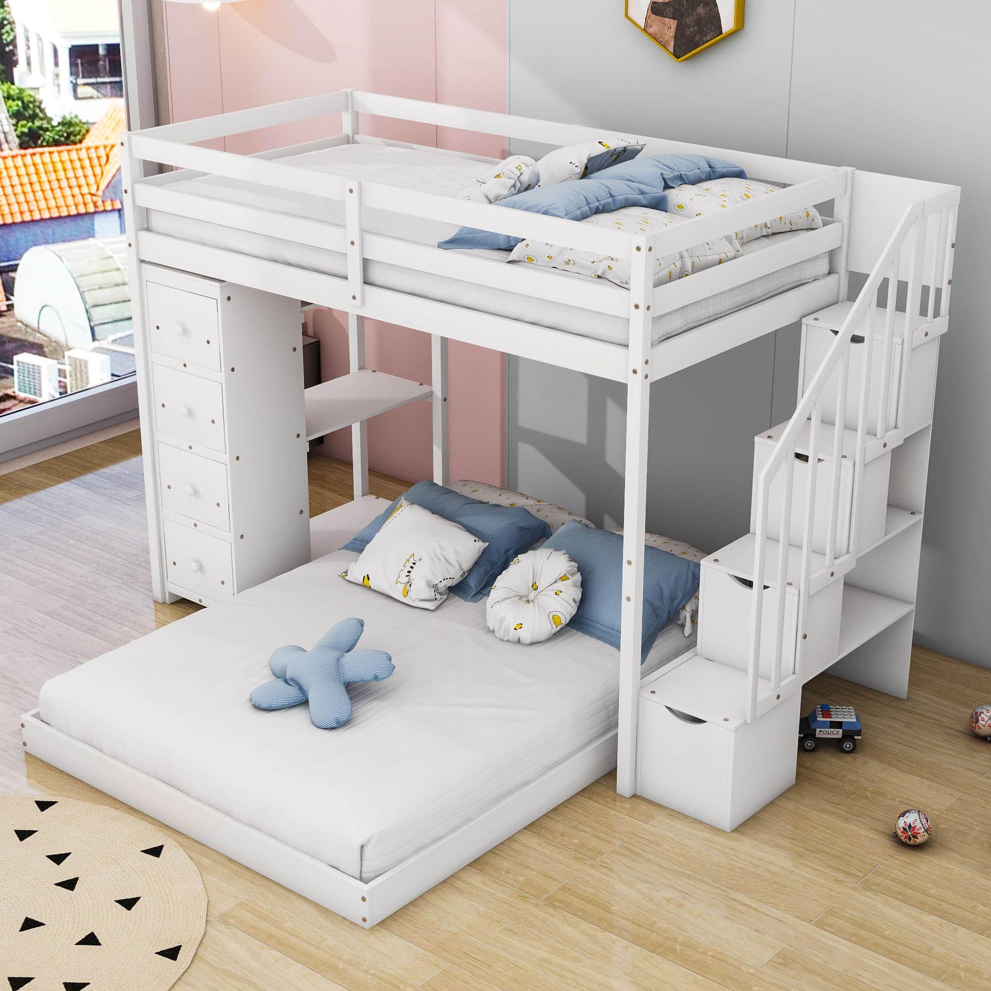 L-Shaped Twin Over Full Floor Bunk Beds for Toddlers, Kids with Stairs