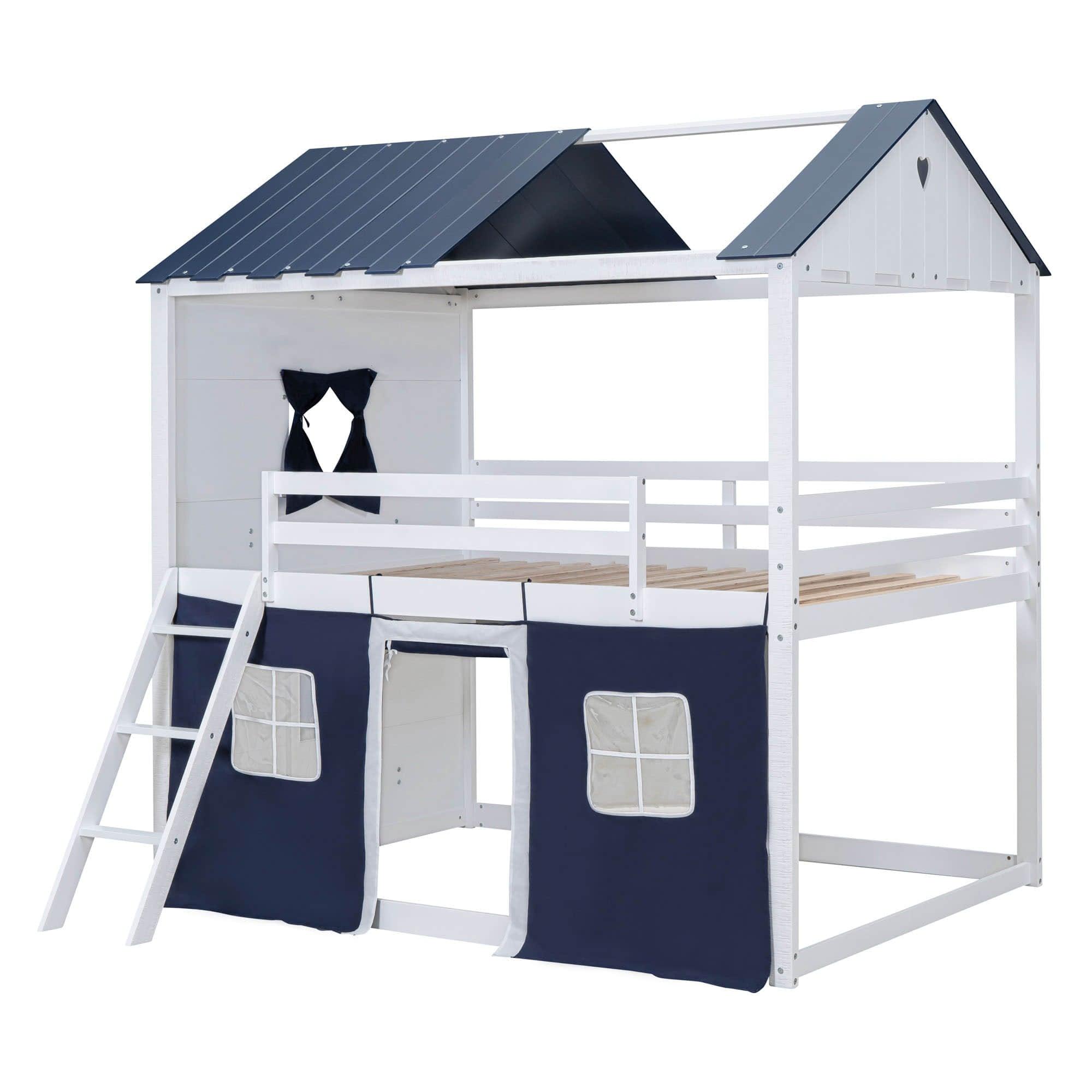 Fun Full Over Full House Loft Bunk Beds for Kids with Curtains - [Low]