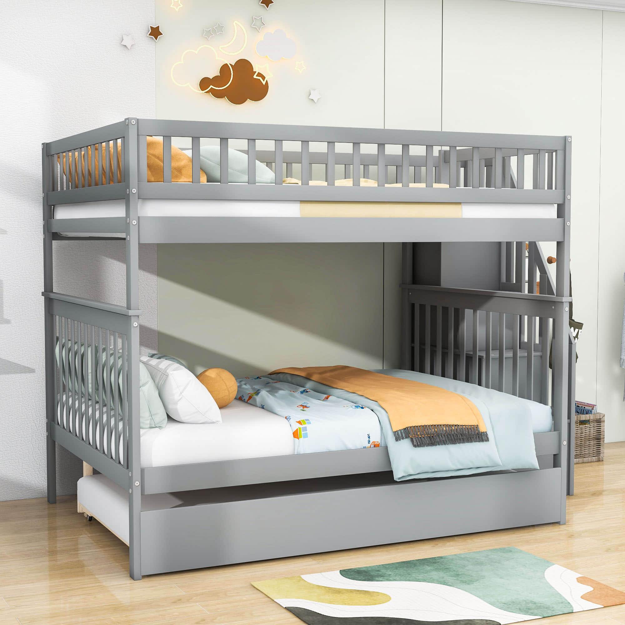 Wooden Full Size Bunk Bed with Stairs and Trundle, Storage Shelves