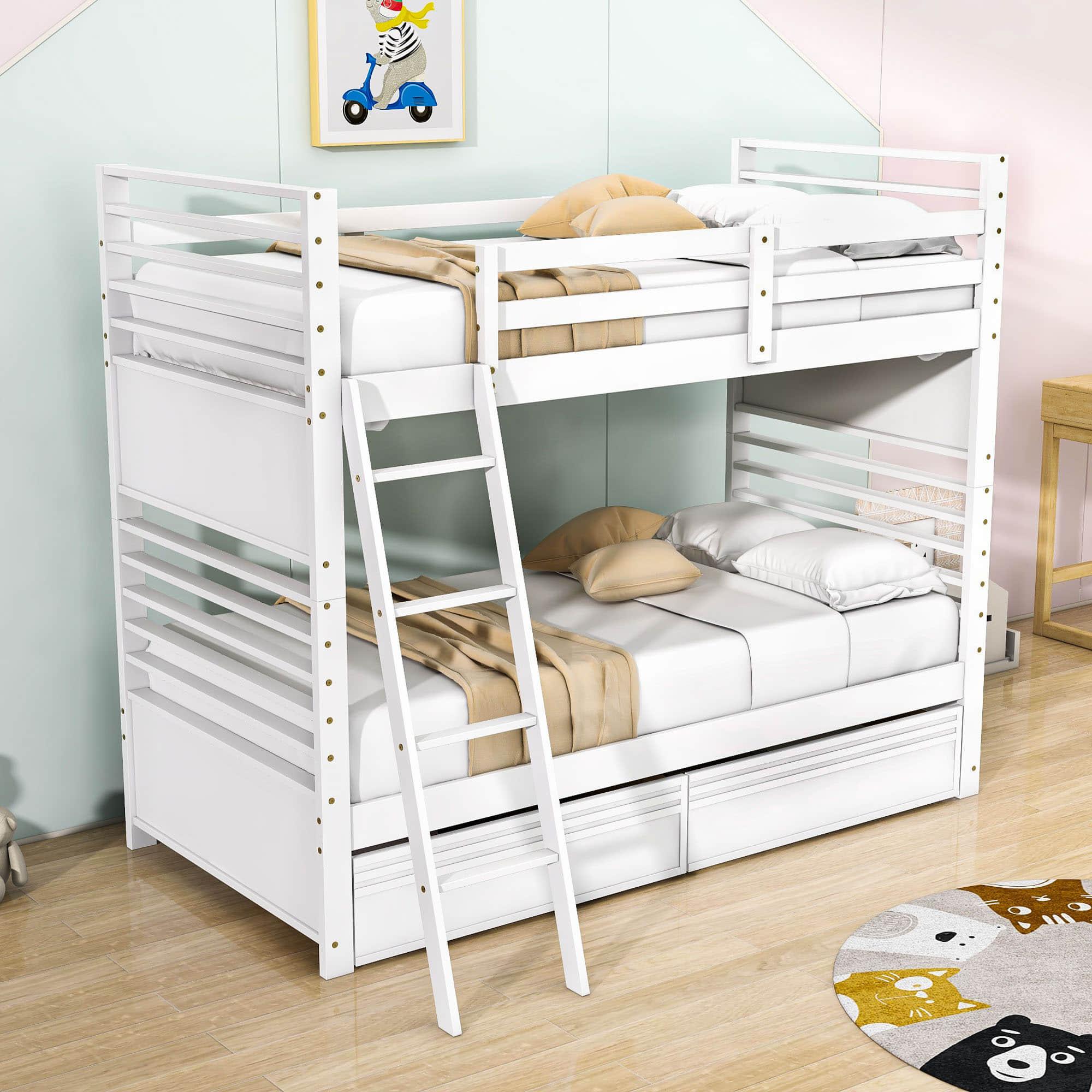 Convertible Twin Over Twin Wooden Bunk Beds with Storage Drawers