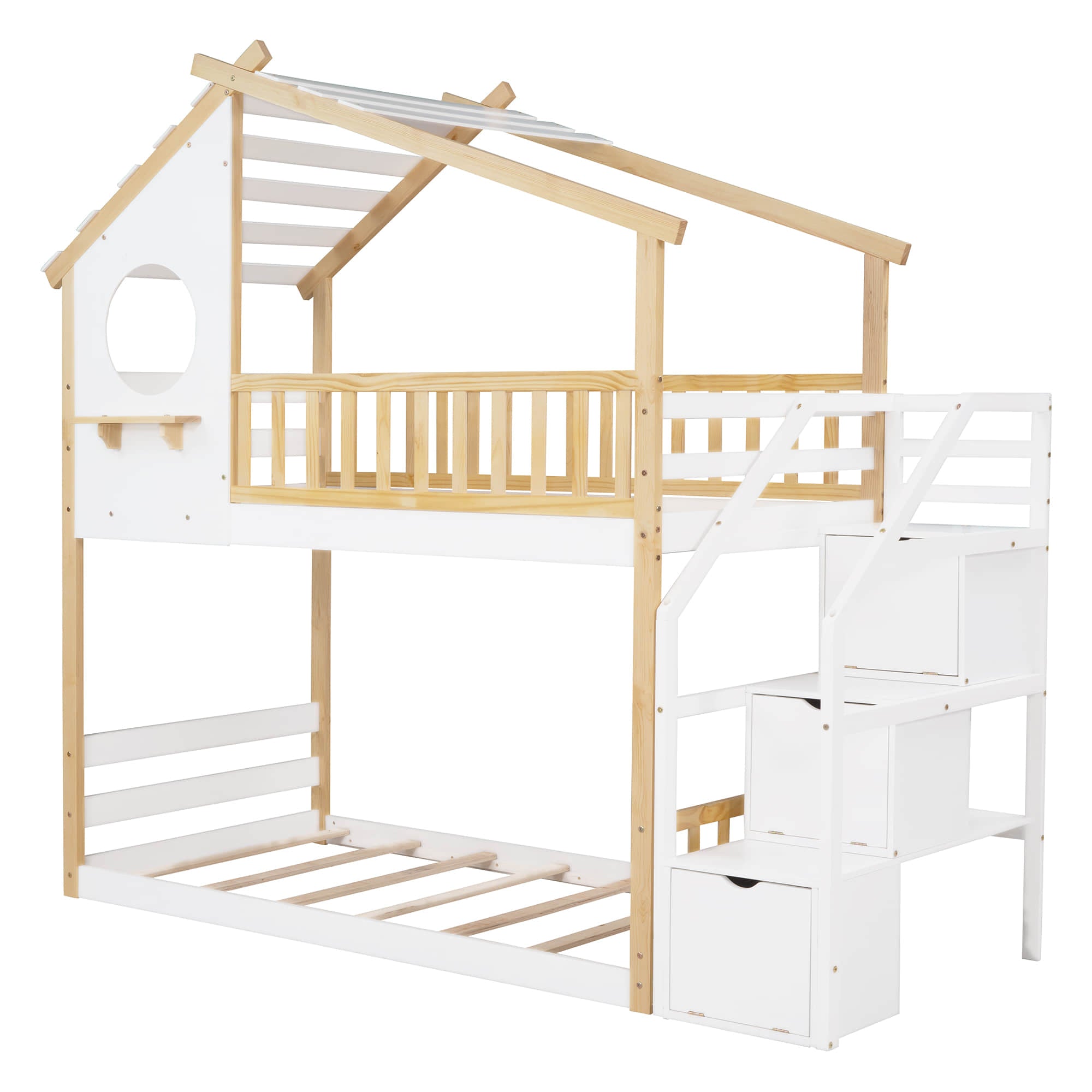 Low Twin Over Twin House Bunk Beds with Stairs and Storage for Kids, Toddler - [Floor]