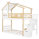 Low Twin Over Twin House Bunk Beds with Stairs and Storage for Kids, Toddler - [Floor]