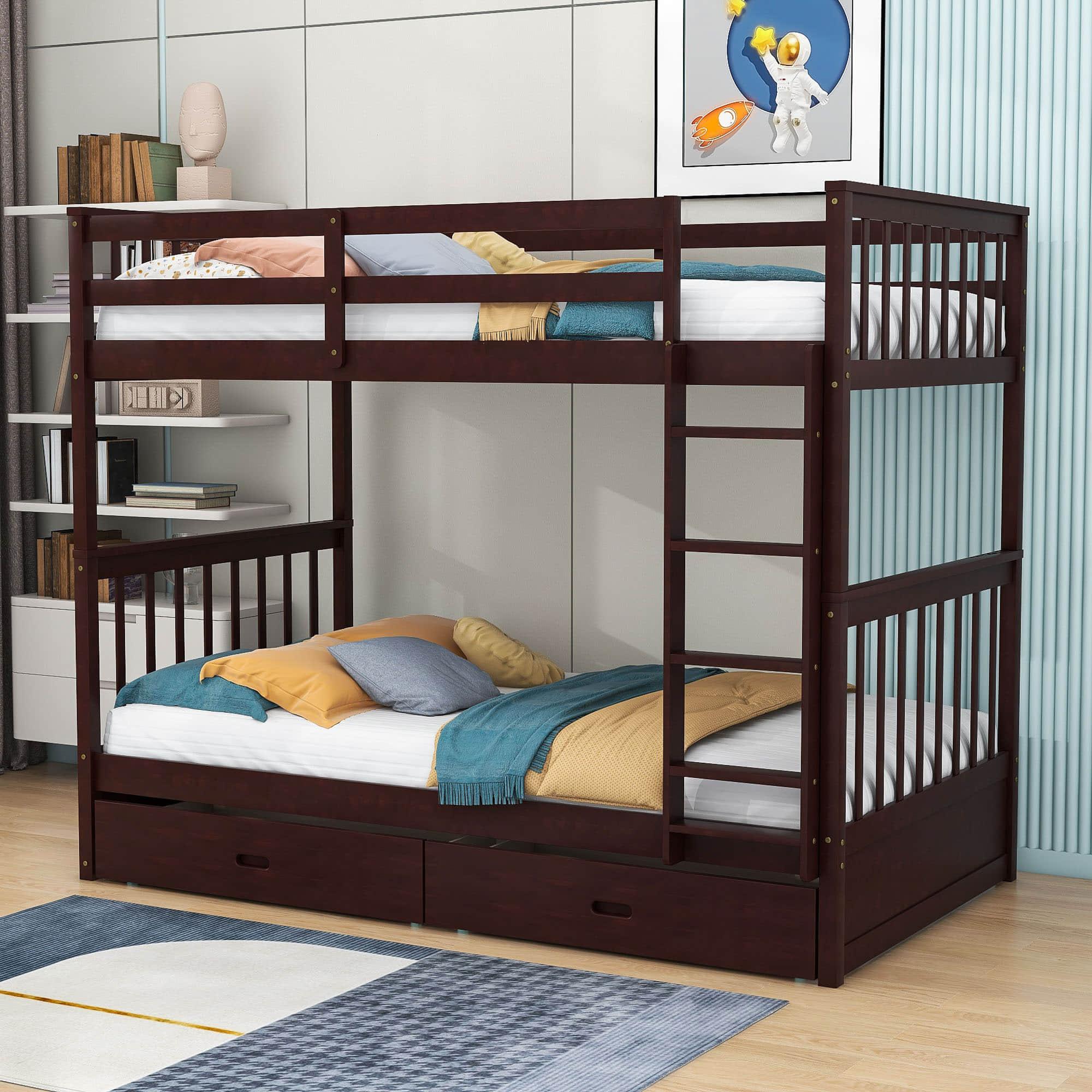 Wooden Twin Over Twin Bunk Beds with Storage Drawers - [Convertible]