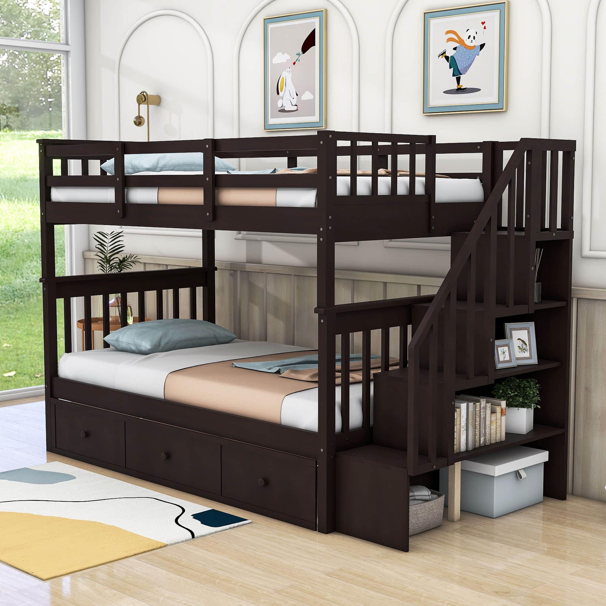 Twin Over Twin Bunk Bed With Stairs and Storage - [Drawers, Shelves, Wood]