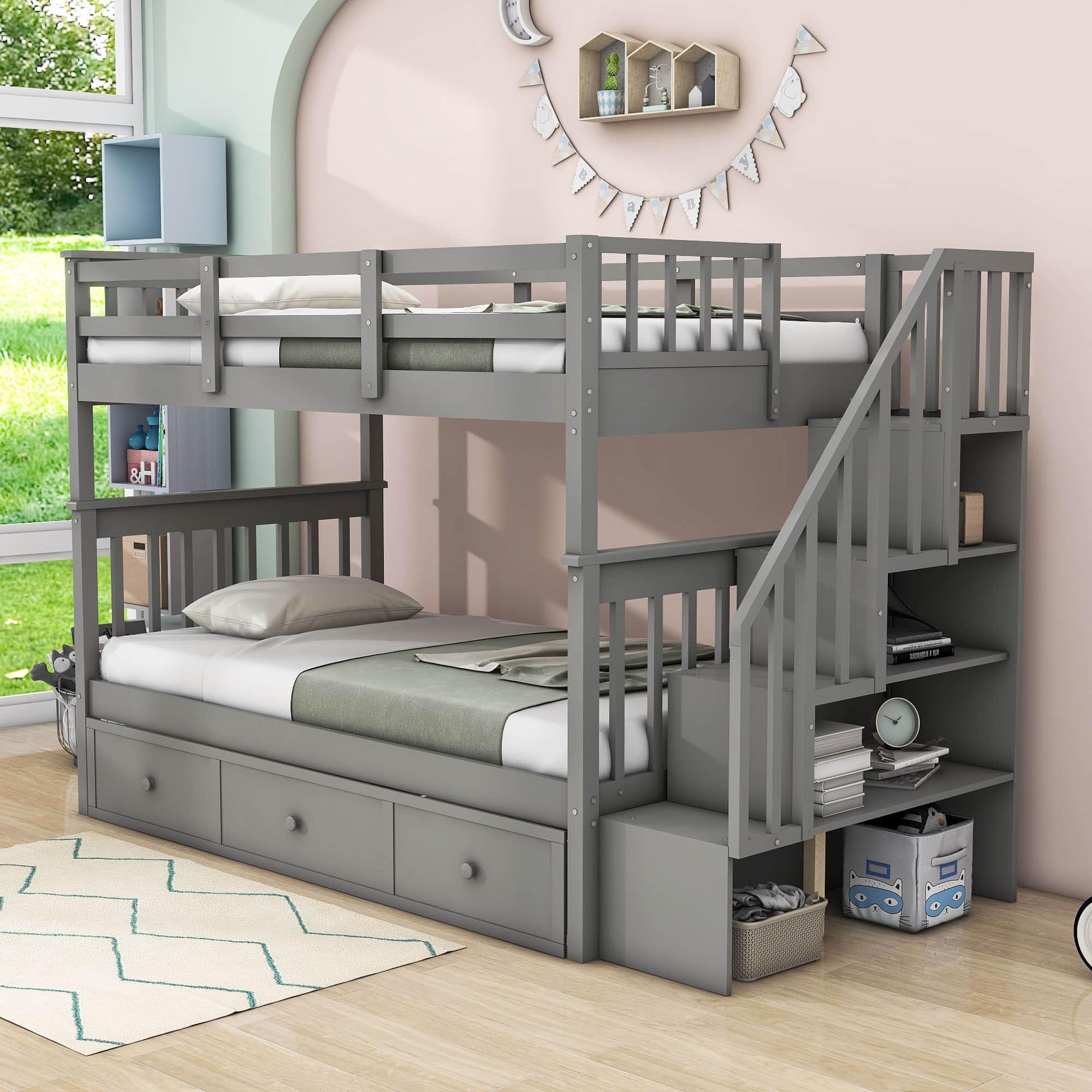 Twin Over Twin Bunk Bed With Stairs and Storage - [Drawers, Shelves, Wood]