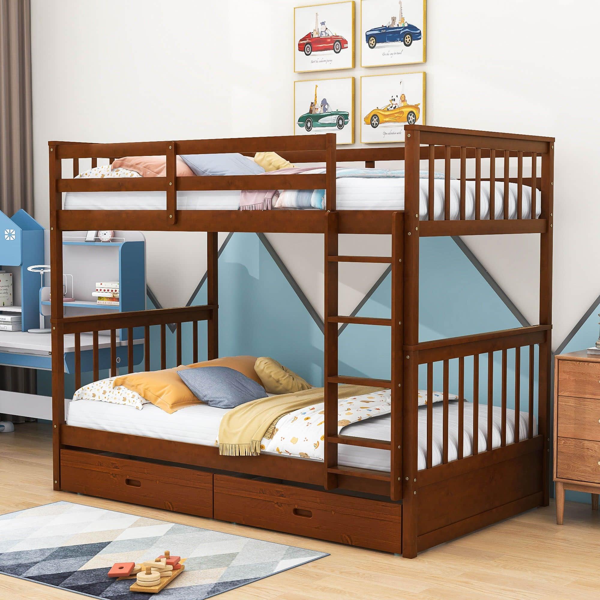 Wooden Twin Over Twin Bunk Beds with Storage Drawers - [Convertible]