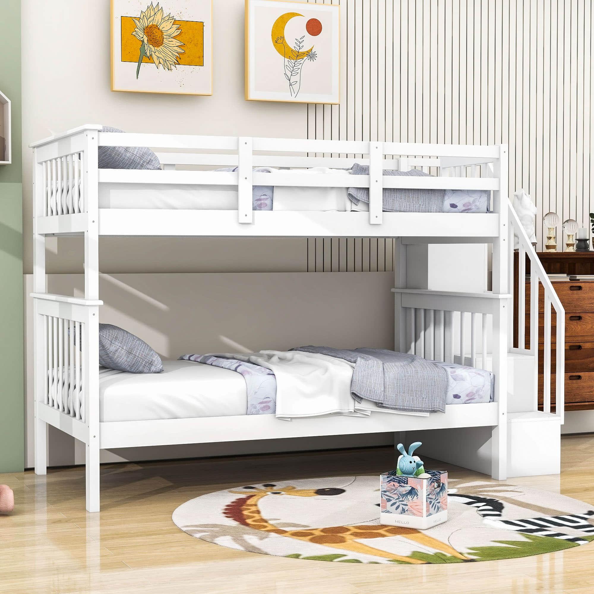 Twin Over Twin Bunk Beds with Stairs and Storage for Kids - [Wood, Convertible]