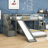 Twin Over Twin L-Shaped Floor Bunk Beds with Stairs and Slide for Kids