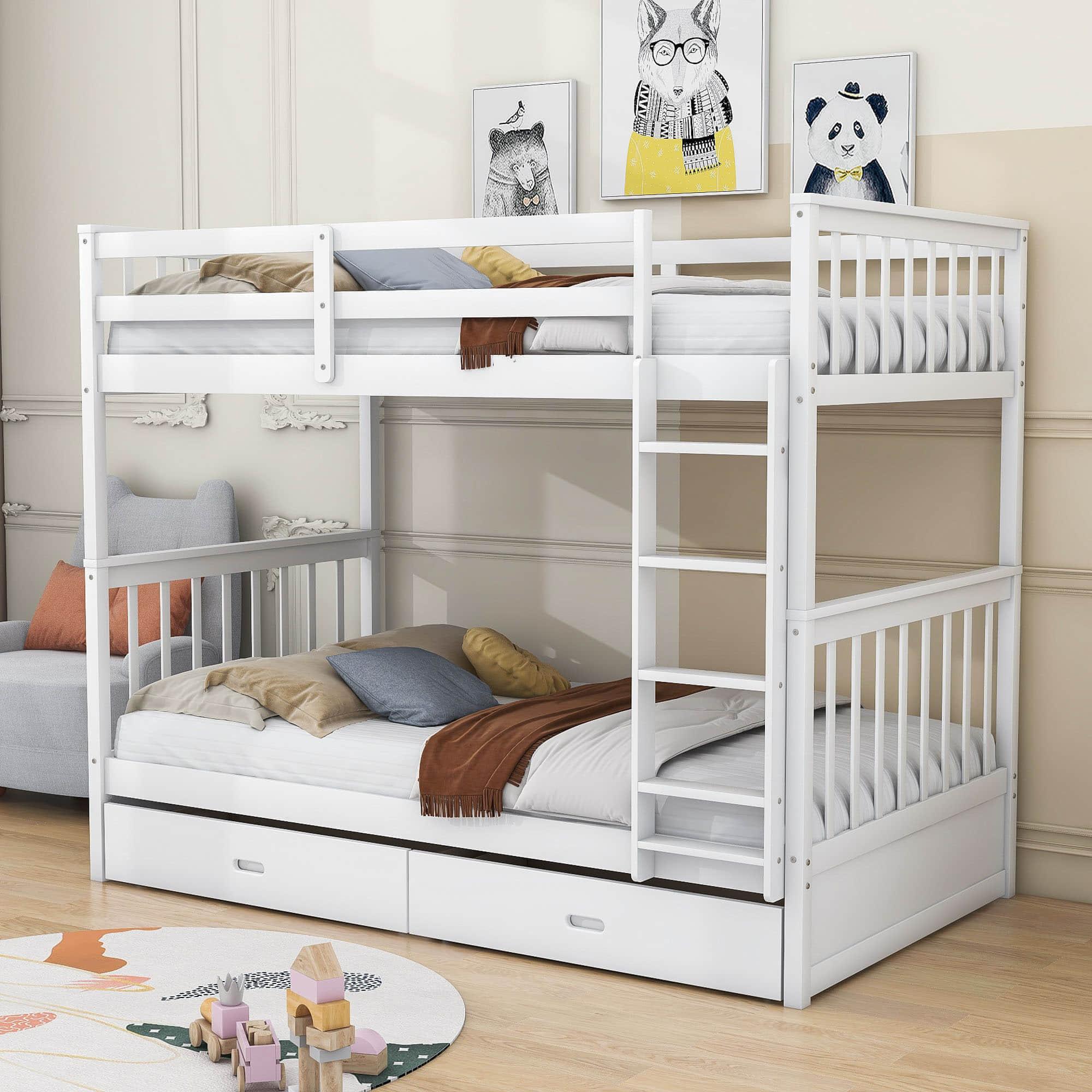 Wooden Twin Over Twin Bunk Beds with Storage Drawers - [Convertible]