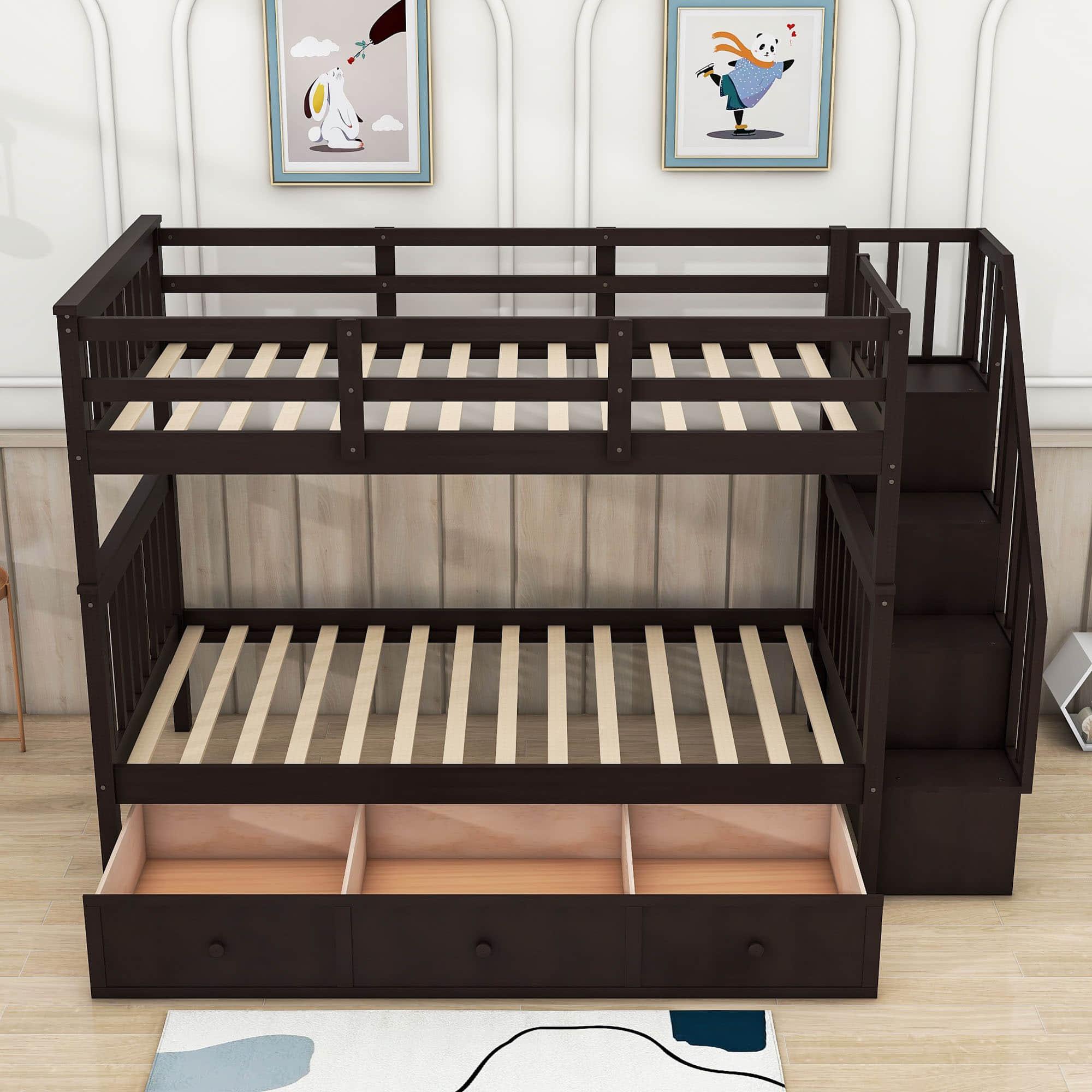 Twin Over Twin Bunk Bed With Stairs and Storage - [Drawers, Shelves, Wood]