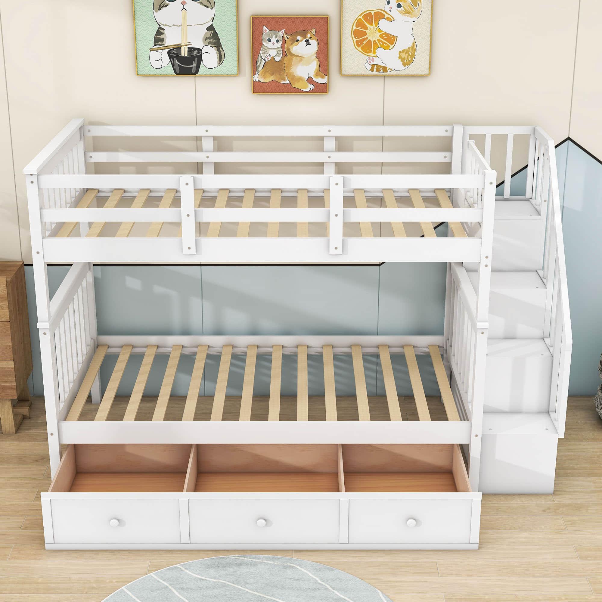 Twin Over Twin Bunk Bed With Stairs and Storage - [Drawers, Shelves, Wood]