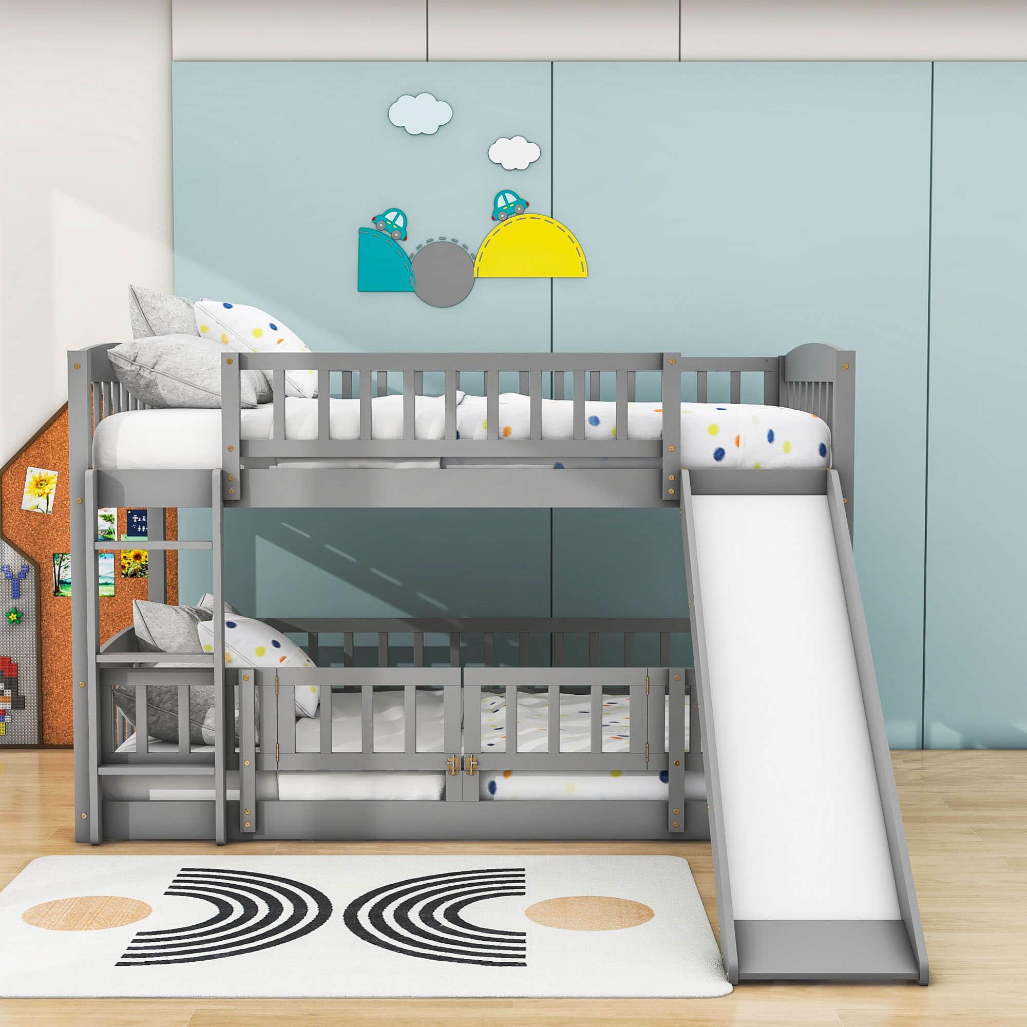 Twin Over Twin Low Bunk Beds with Slide and Fence - [Interchangeable Ladder, Floor]