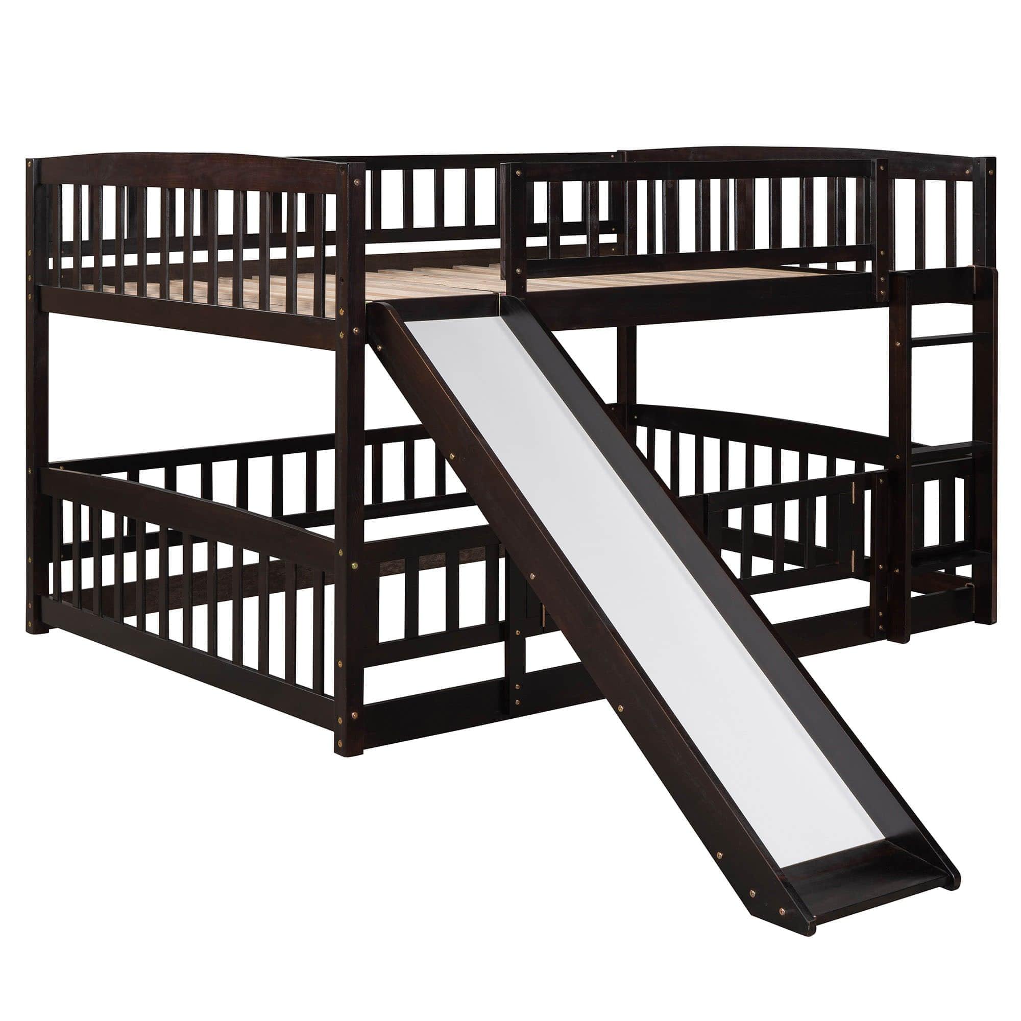 Full Over Full Low Bunk Beds with Slide and Fence - [Interchangeable Ladder, Floor]