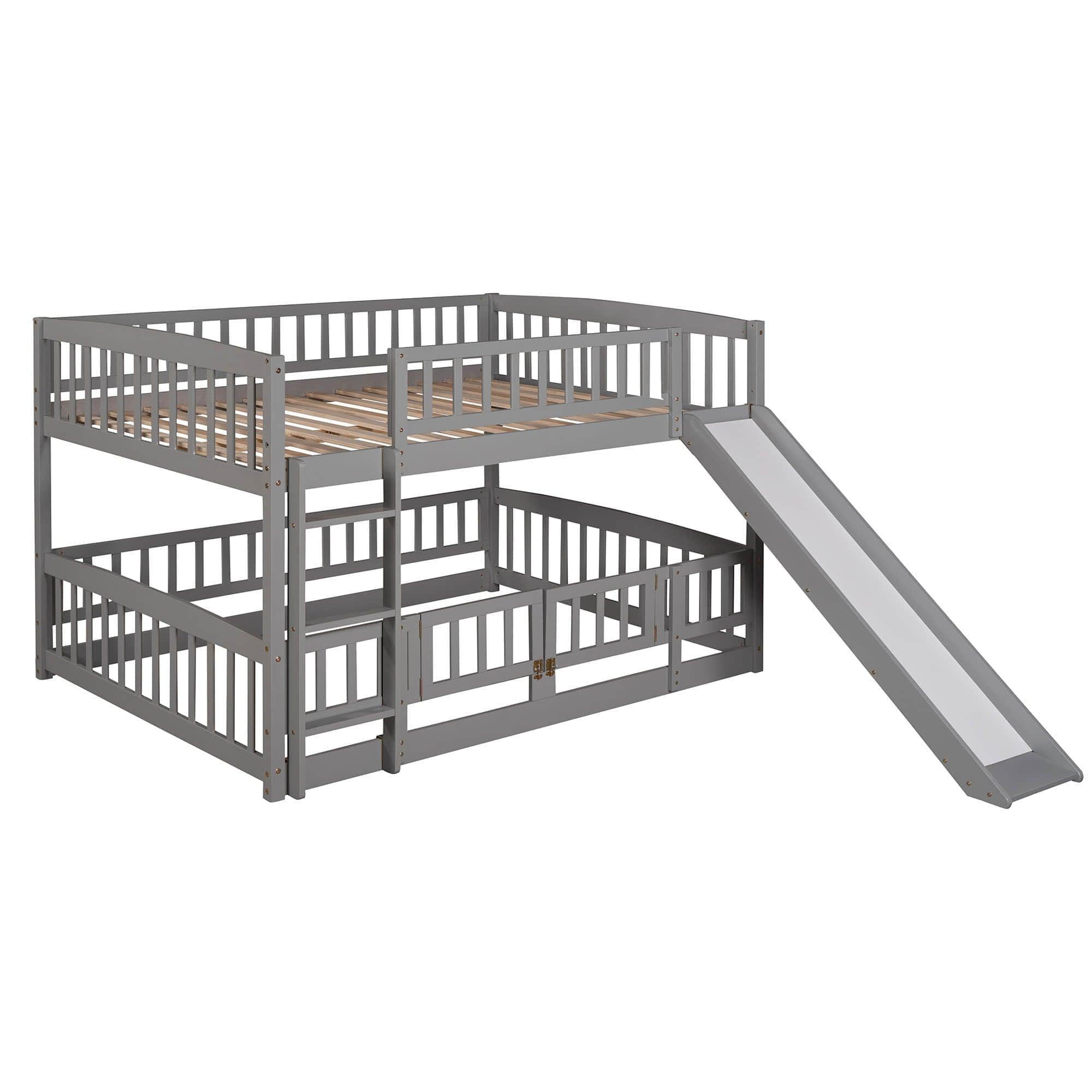 Full Over Full Low Bunk Beds with Slide and Fence - [Interchangeable Ladder, Floor]