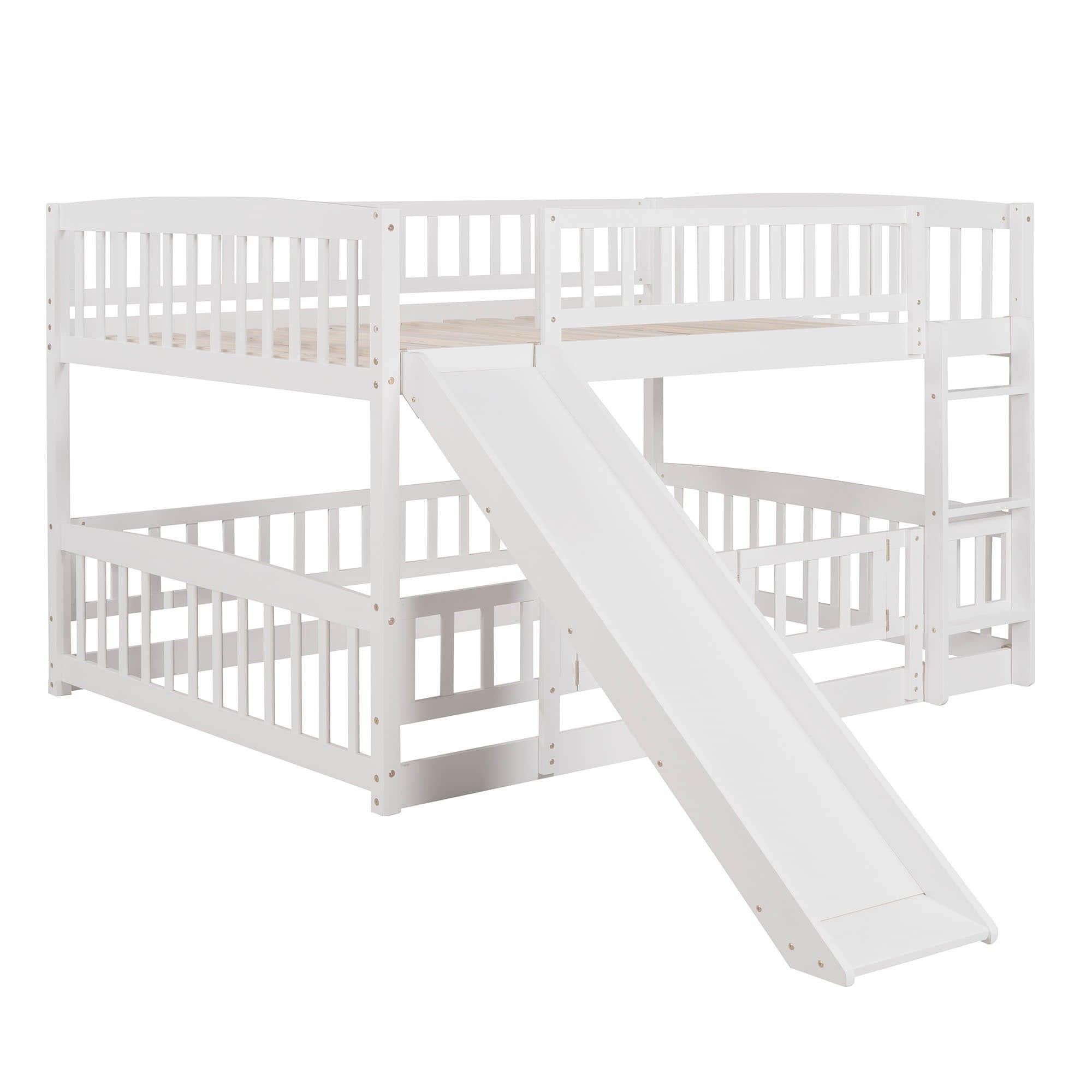 Full Over Full Low Bunk Beds with Slide and Fence - [Interchangeable Ladder, Floor]