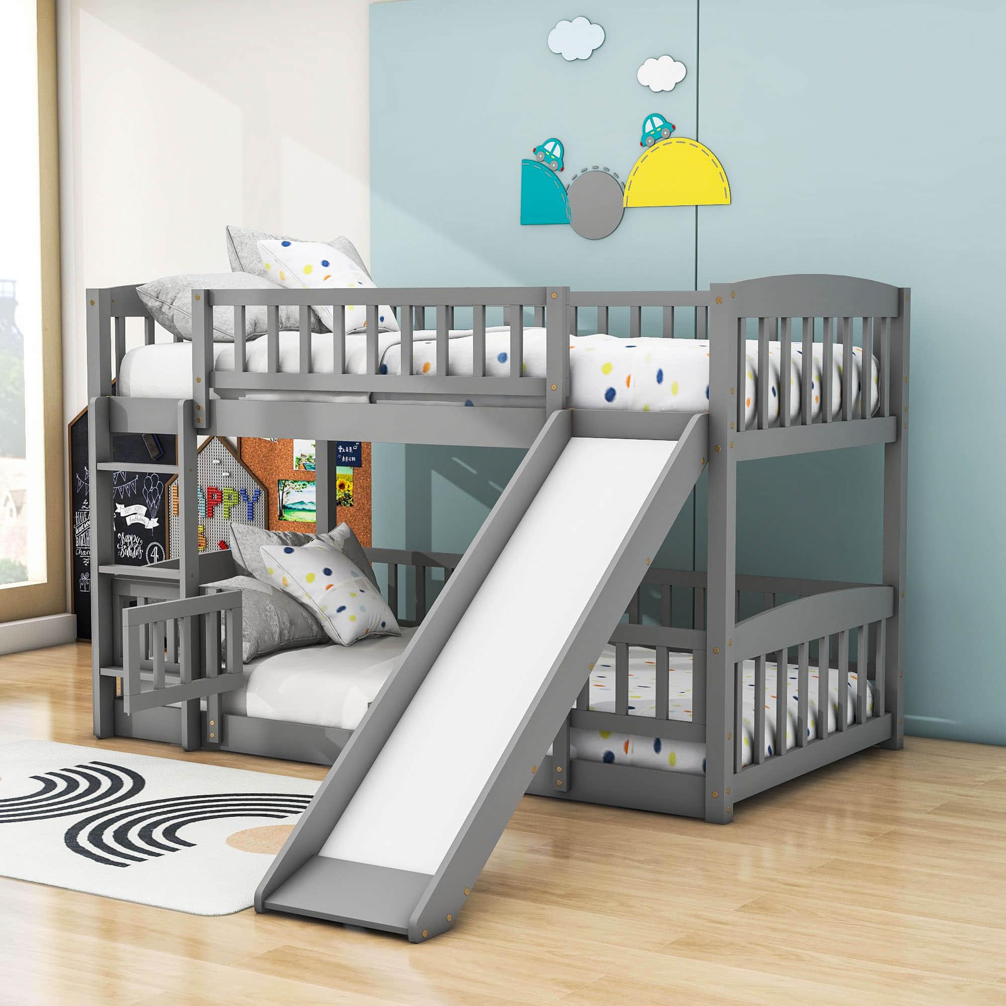 Twin Over Twin Low Bunk Beds with Slide and Fence - [Interchangeable Ladder, Floor]