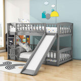 Twin Over Twin Low Bunk Beds with Slide and Fence - [Interchangeable Ladder, Floor]