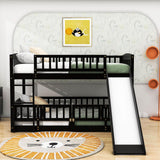 Twin Over Twin Low Bunk Beds with Slide and Fence - [Interchangeable Ladder, Floor]