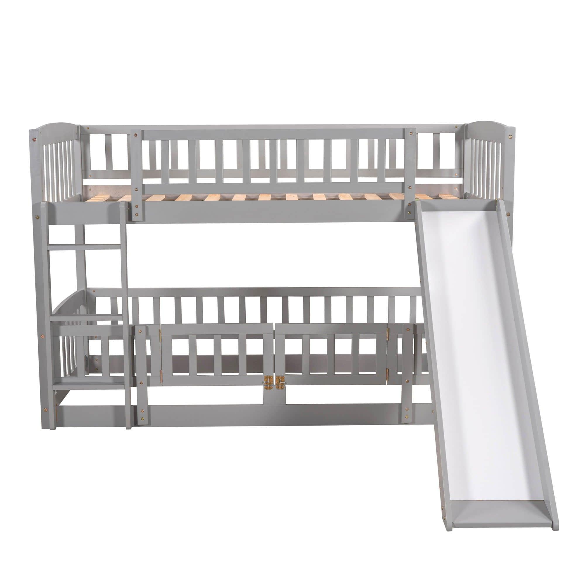 Twin Over Twin Low Bunk Beds with Slide and Fence - [Interchangeable Ladder, Floor]