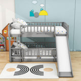 Twin Over Twin Low Bunk Beds with Slide and Fence - [Interchangeable Ladder, Floor]