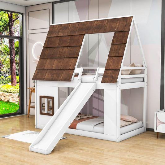 Fun Twin Low Loft Farm House Bunk Bed with Slide - [Wooden]