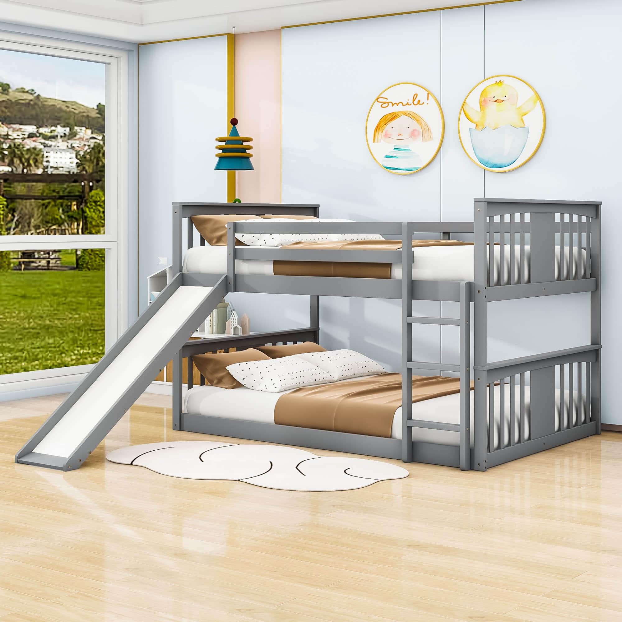 Low Full Over Full Bunk Beds with Slide for Kids Toddler - [Wooden]