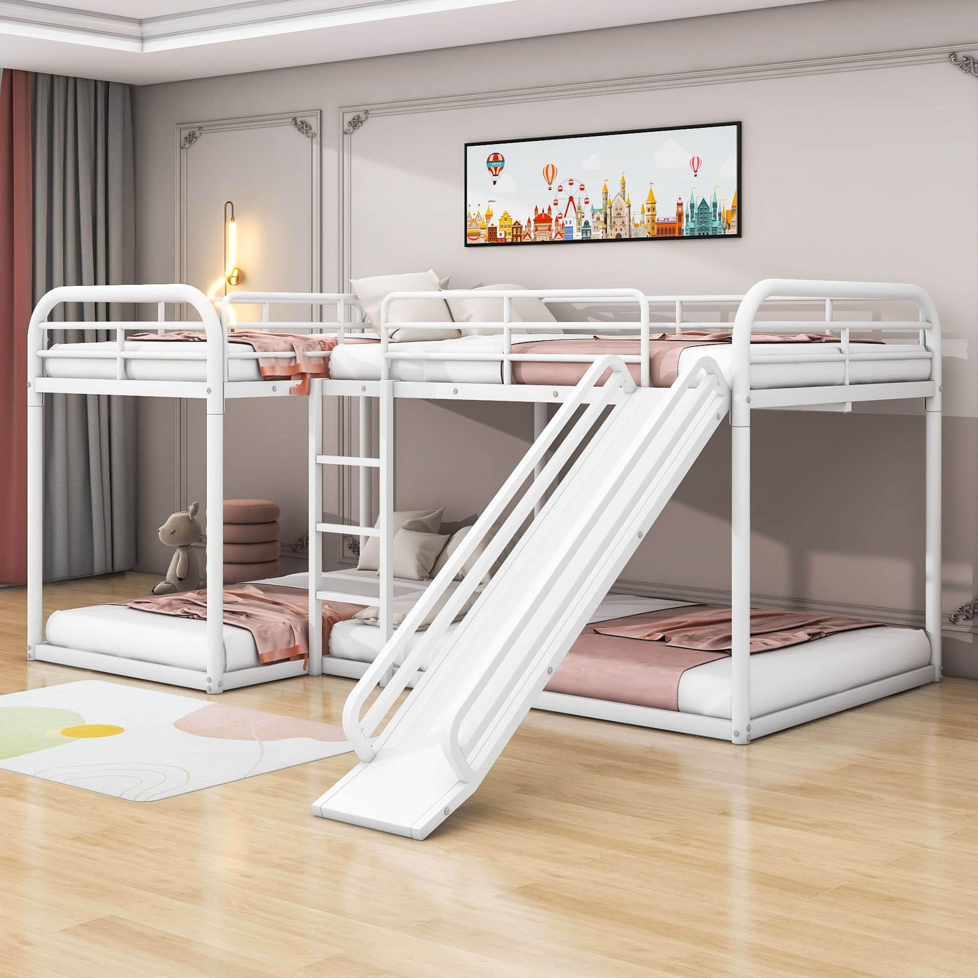 Metal Full & Twin Quad Bunk Beds with Slide for Kids, Toddler - [L-Shaped]