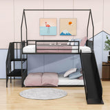 Metal House Twin Loft Bunk Beds for Kids with Stairs and Slide - [Low]