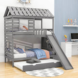 Twin Over Twin House Bunk Beds with Slide and Stairs, Trundle for Kids - [Wooden]