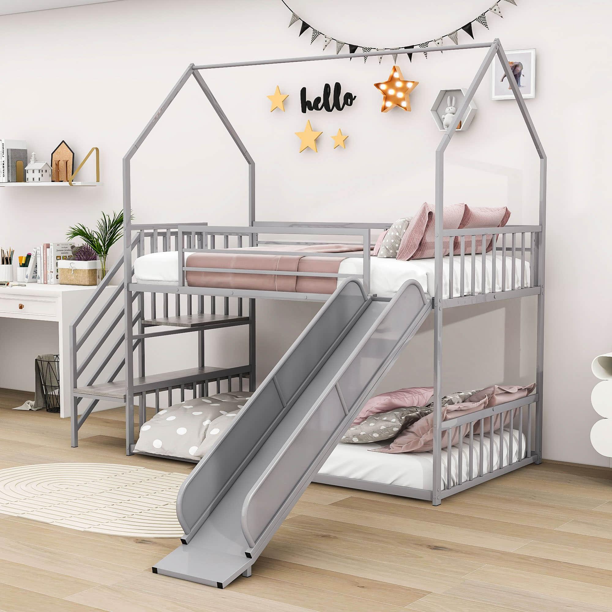 Metal House Twin Loft Bunk Beds for Kids with Stairs and Slide - [Low]