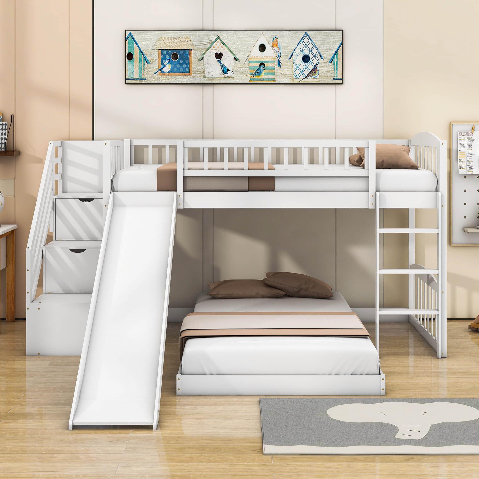 Twin Over Twin L-Shaped Floor Bunk Beds with Stairs and Slide for Kids