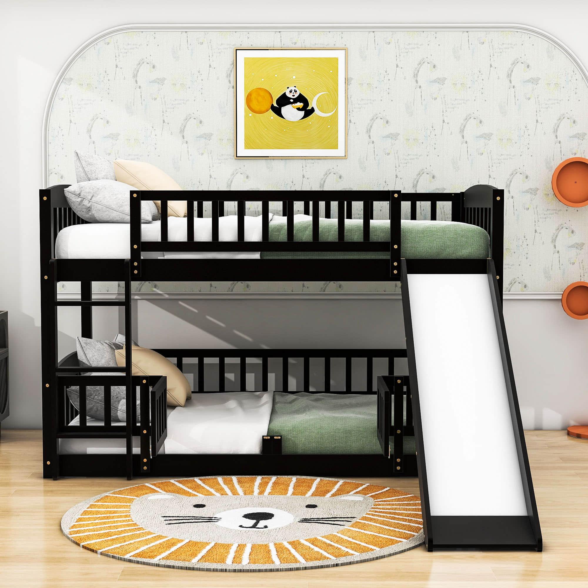 Twin Over Twin Low Bunk Beds with Slide and Fence - [Interchangeable Ladder, Floor]