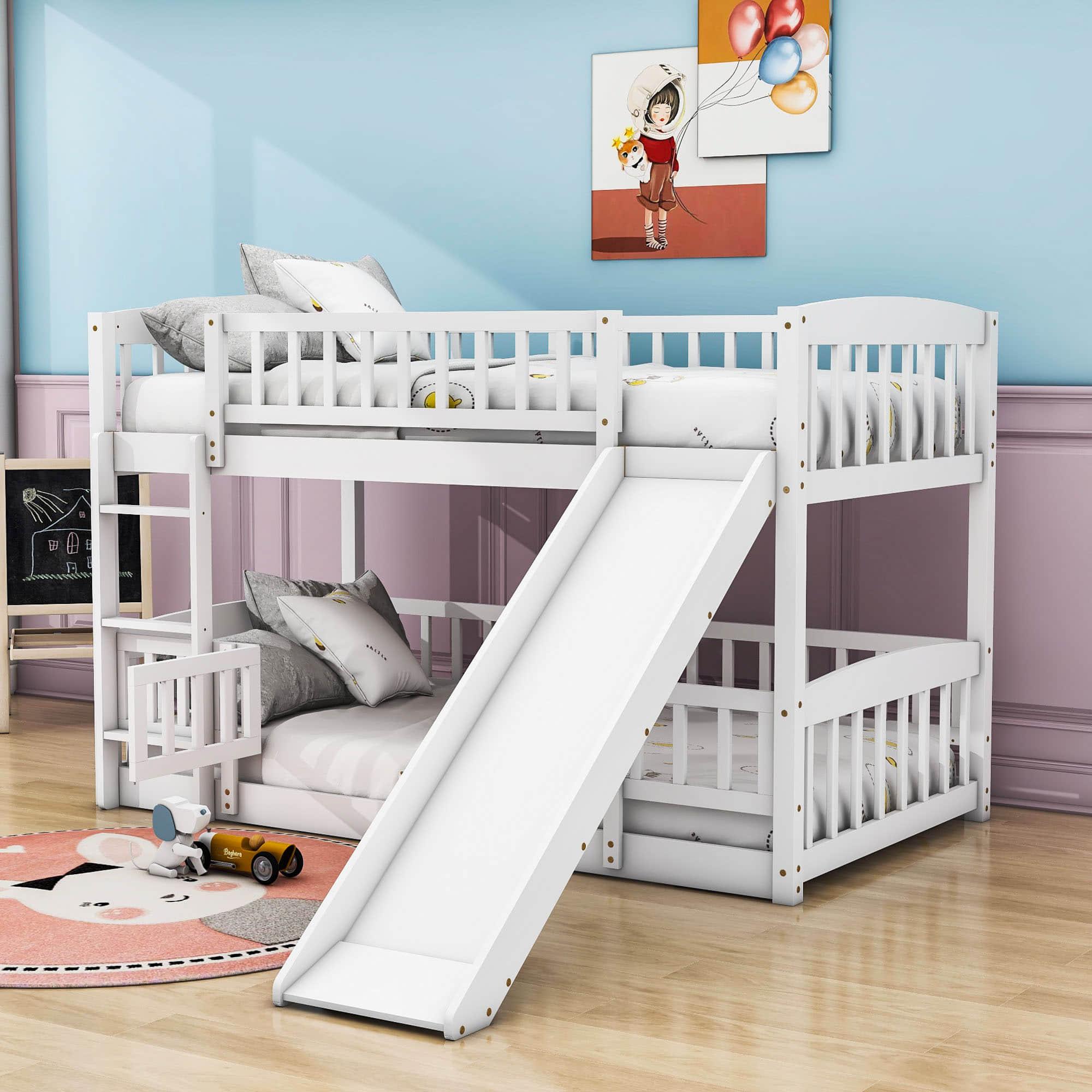 Twin Over Twin Low Bunk Beds with Slide and Fence - [Interchangeable Ladder, Floor]