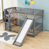 Twin Over Twin Low Bunk Beds with Slide and Fence - [Interchangeable Ladder, Floor]