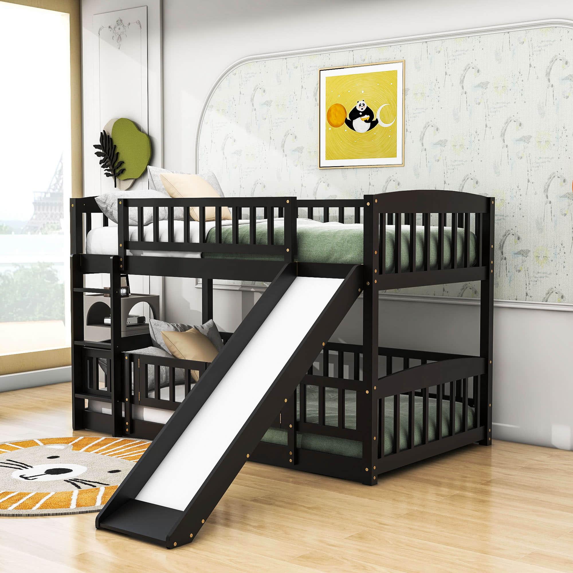 Twin Over Twin Low Bunk Beds with Slide and Fence - [Interchangeable Ladder, Floor]