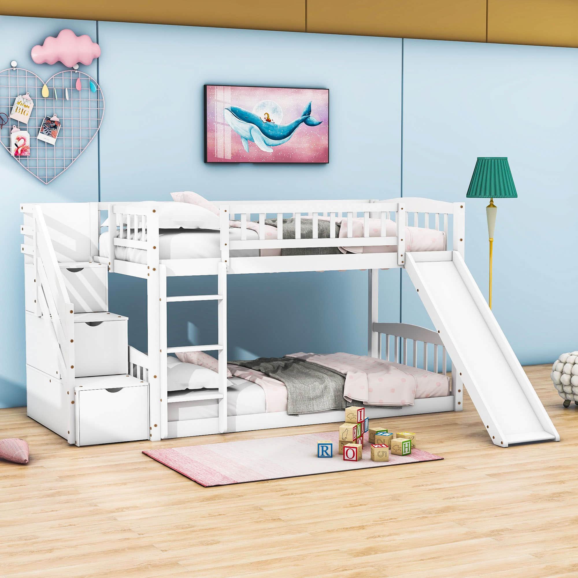 Twin Over Twin Bunk Beds with Slide and Stairs for Kids, Toddler - [Storage, Wood, Interchangeable]