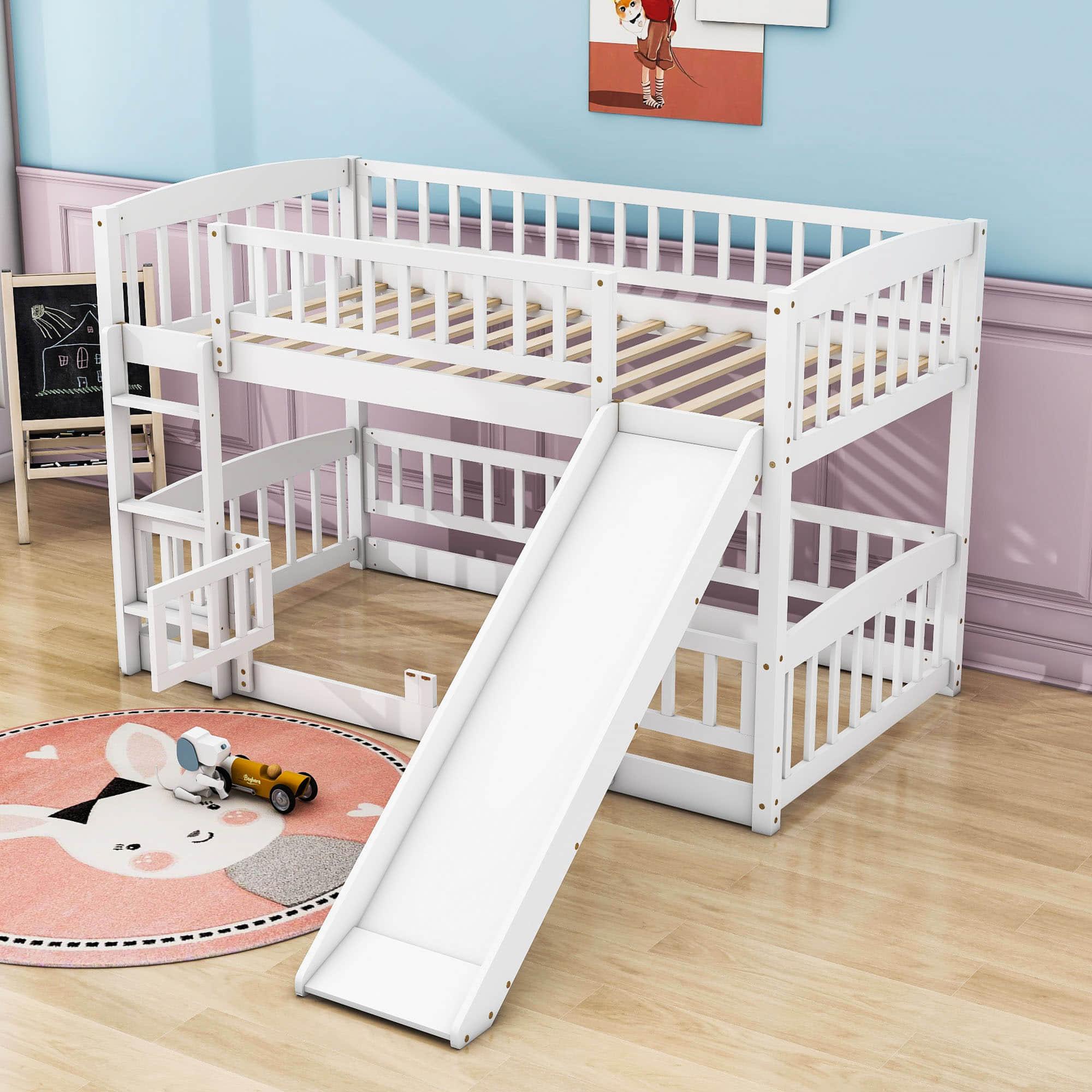 Twin Over Twin Low Bunk Beds with Slide and Fence - [Interchangeable Ladder, Floor]