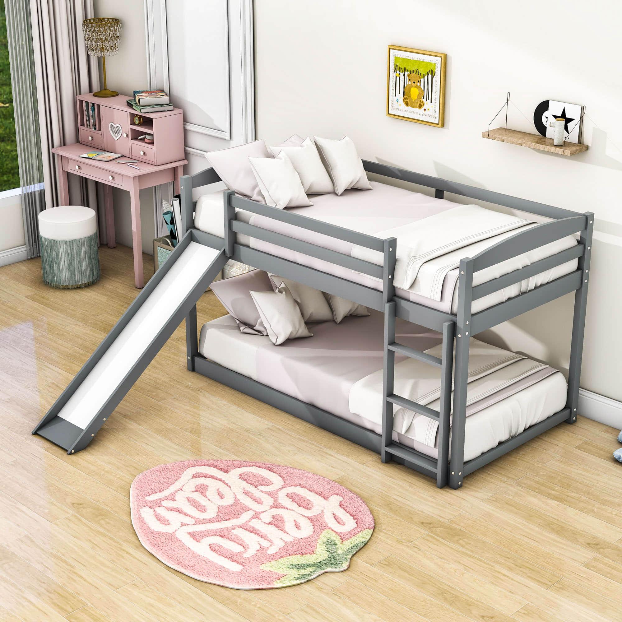 Low Twin Over Twin Bunk Bed with Slide for Kids, Toddler - Wooden, Floor, Interchangeable