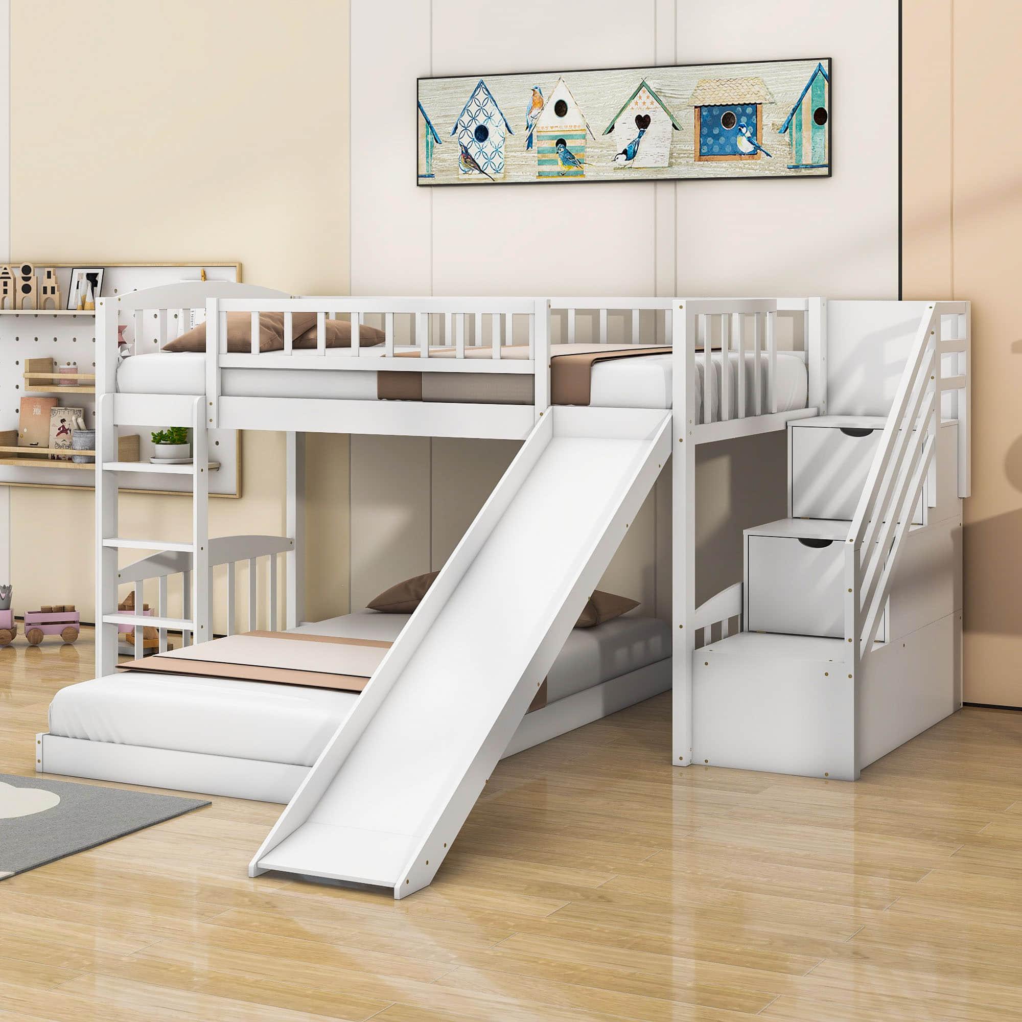 Twin Over Twin L-Shaped Floor Bunk Beds with Stairs and Slide for Kids