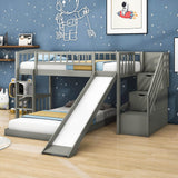 Twin Over Twin L-Shaped Floor Bunk Beds with Stairs and Slide for Kids