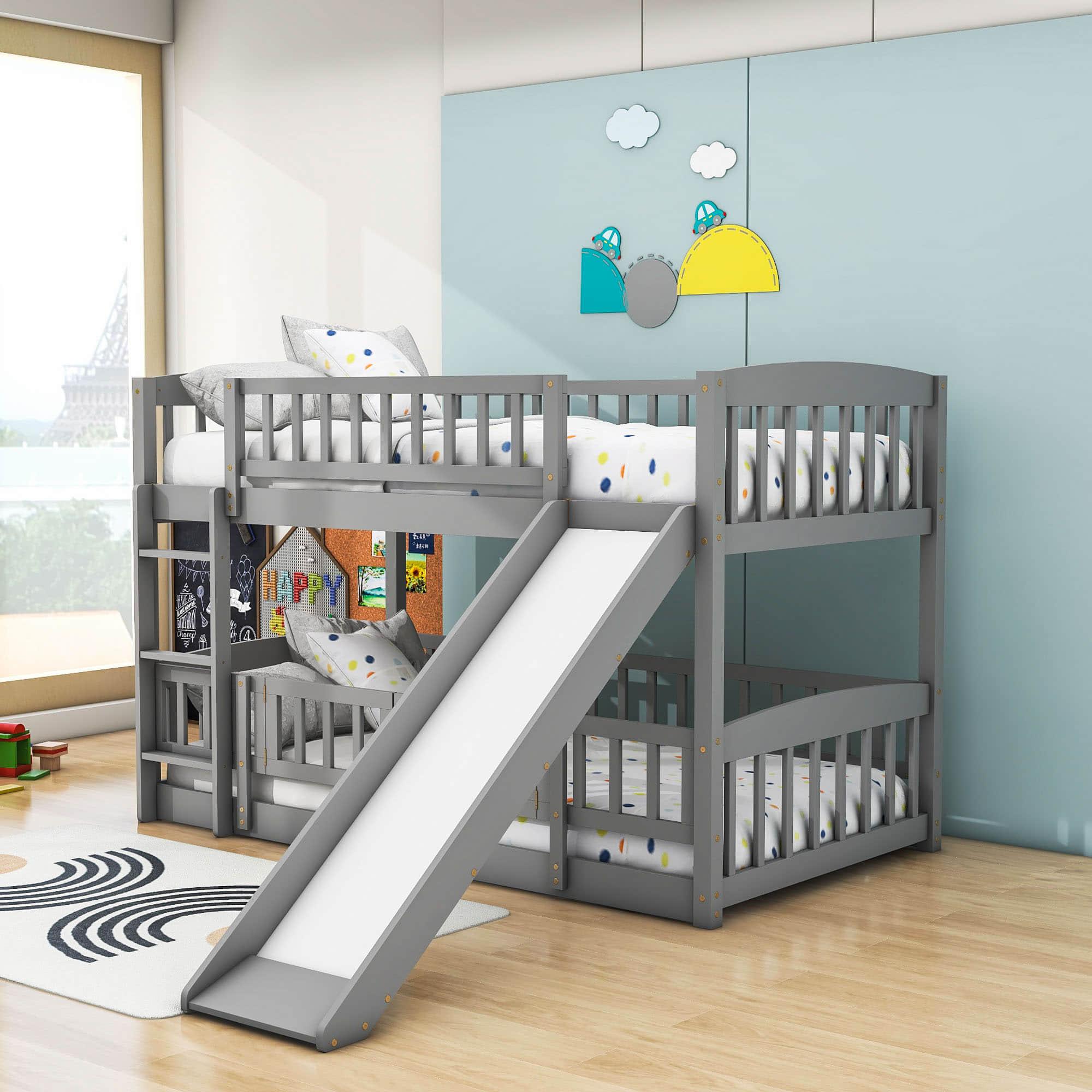 Twin Over Twin Low Bunk Beds with Slide and Fence - [Interchangeable Ladder, Floor]