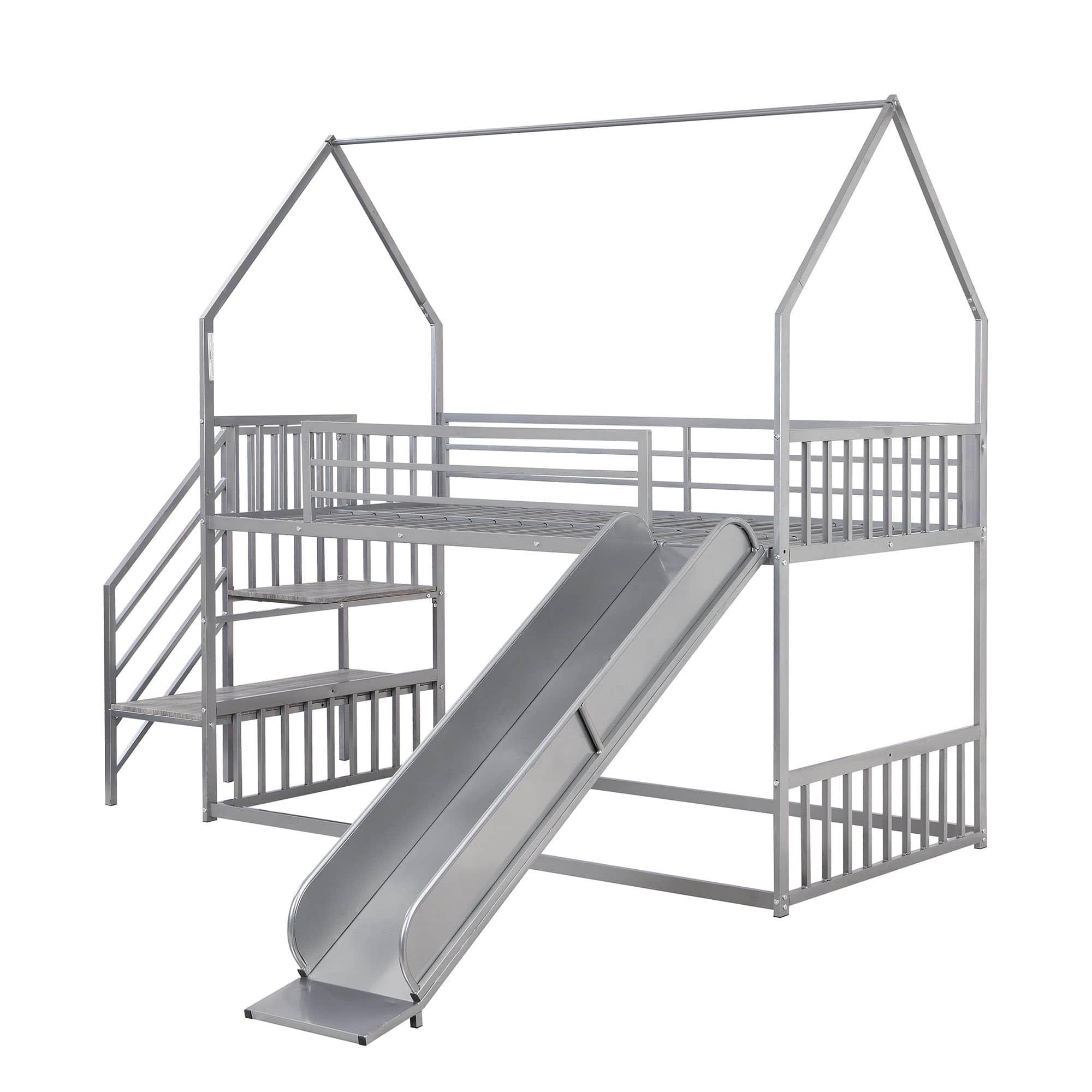 Metal House Twin Loft Bunk Beds for Kids with Stairs and Slide - [Low]