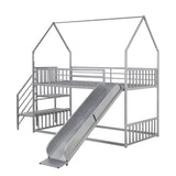 Metal House Twin Loft Bunk Beds for Kids with Stairs and Slide - [Low]