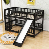 Twin Over Twin Low Bunk Beds with Slide and Fence - [Interchangeable Ladder, Floor]