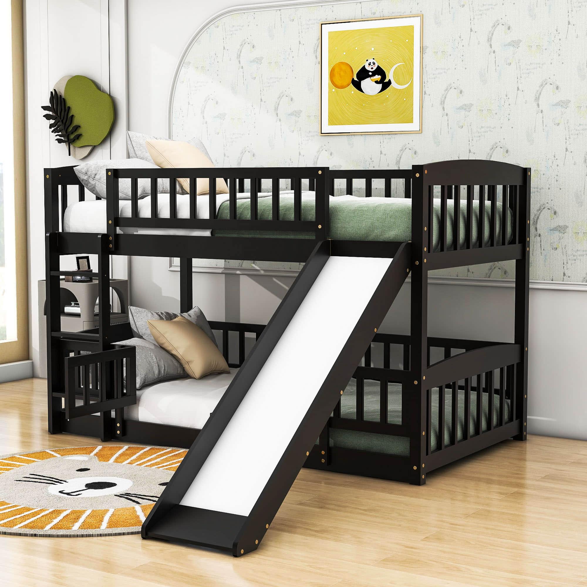 Twin Over Twin Low Bunk Beds with Slide and Fence - [Interchangeable Ladder, Floor]